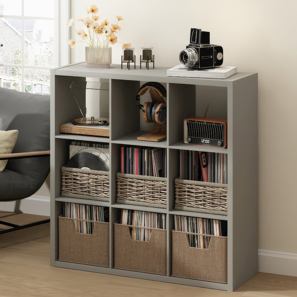 Open Back Decorative Vintage Media Storage Organizer, 9-Cube, Light Grey. Picture 2