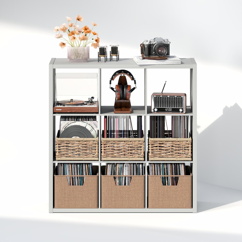 Open Back Decorative Vintage Media Storage Organizer, 9-Cube, Light Grey. Picture 4