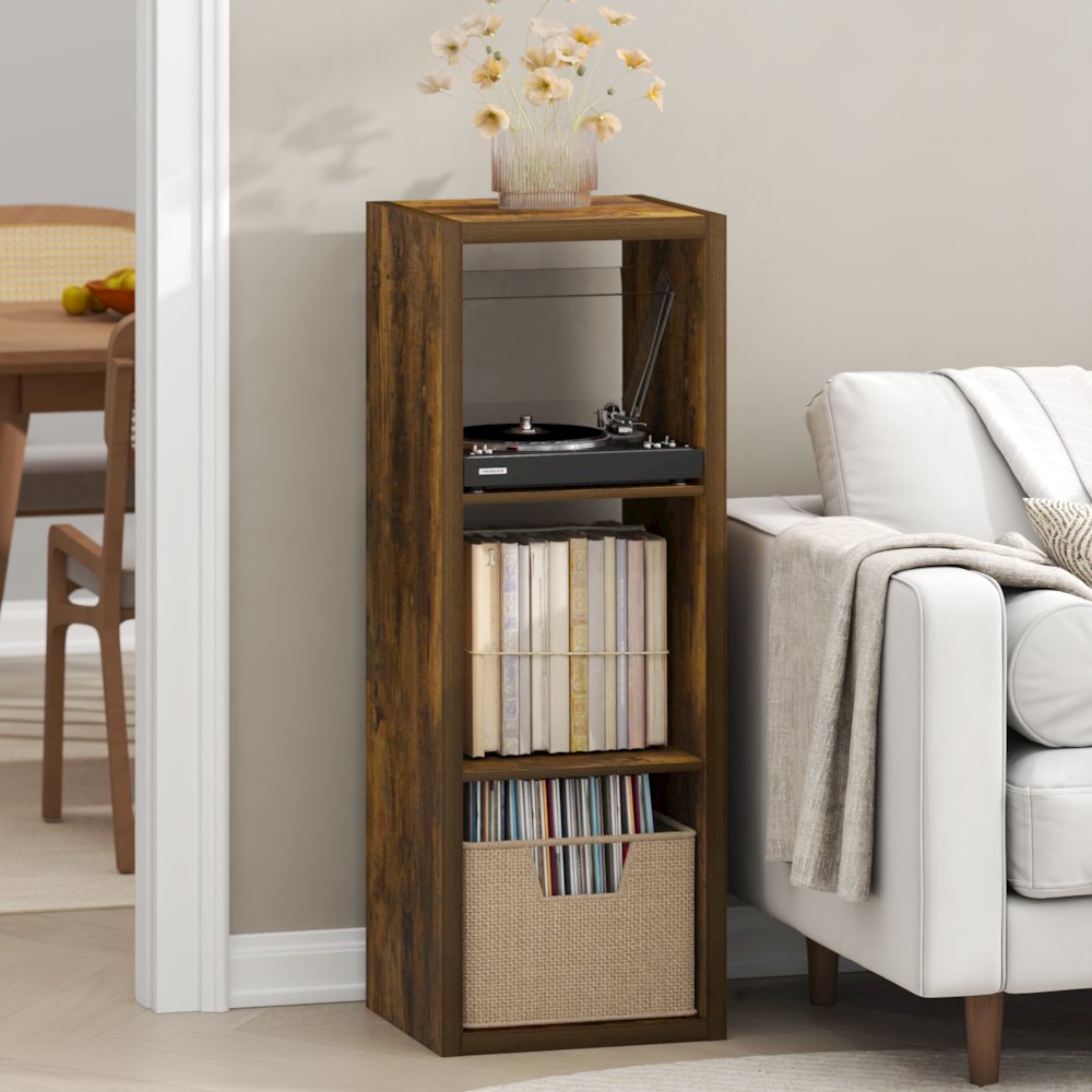 Open Back Decorative Vintage Media Storage Organizer, 3-Cube, Amber Pine. Picture 2