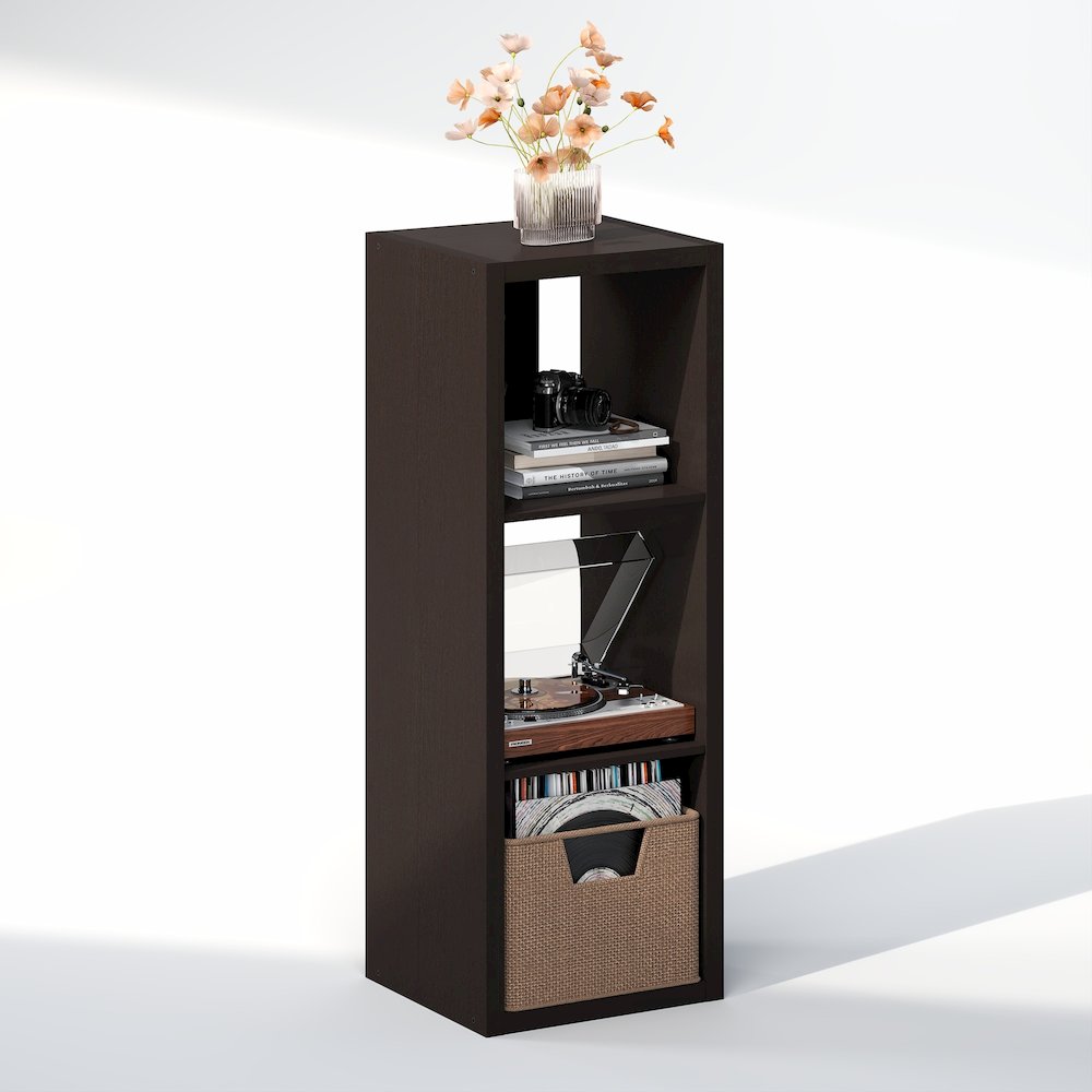 Open Back Decorative Vintage Media Storage Organizer, 3-Cube, Dark Oak. Picture 1