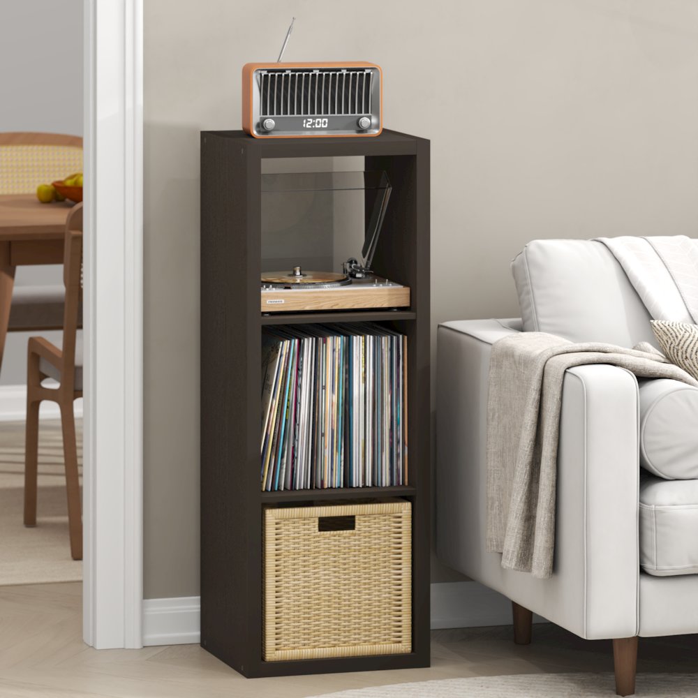 Open Back Decorative Vintage Media Storage Organizer, 3-Cube, Dark Oak. Picture 2