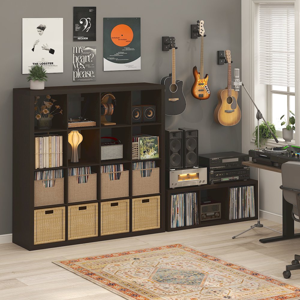 Open Back Decorative Vintage Media Storage Organizer, 3-Cube, Dark Oak. Picture 3