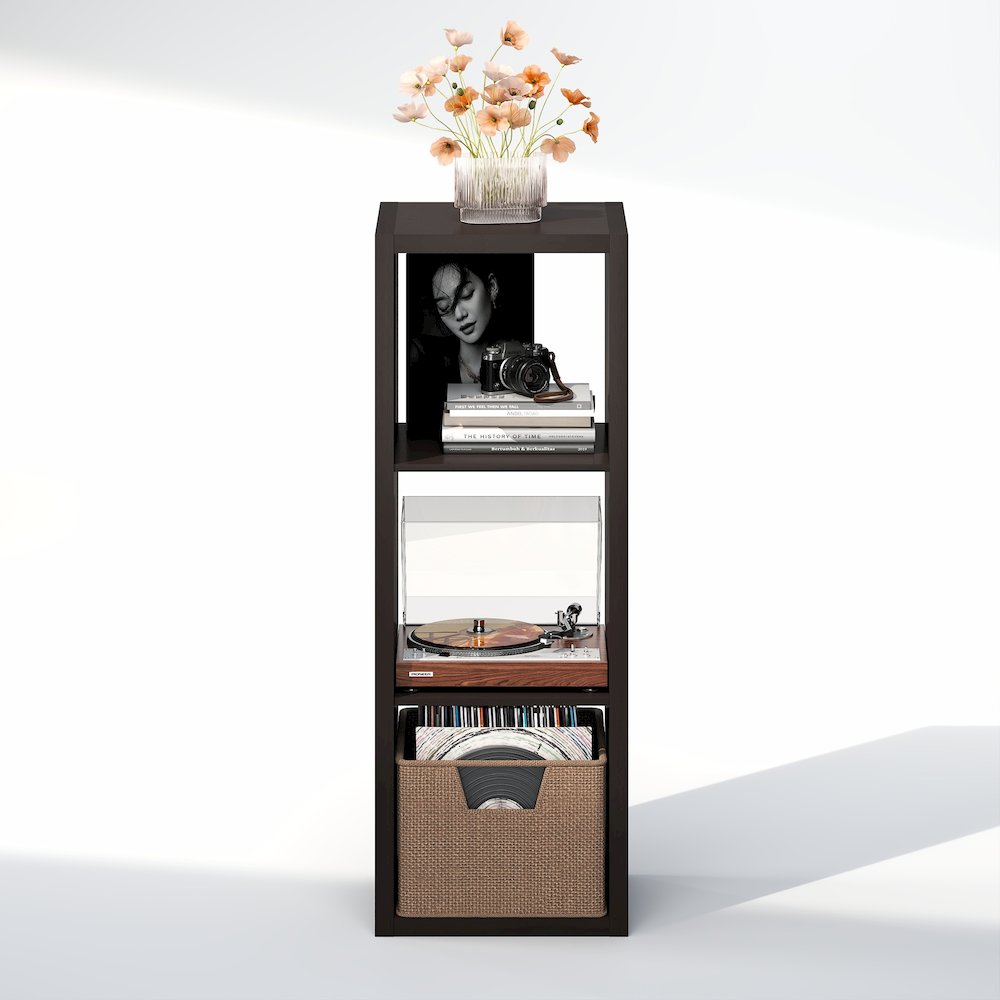 Open Back Decorative Vintage Media Storage Organizer, 3-Cube, Dark Oak. Picture 5