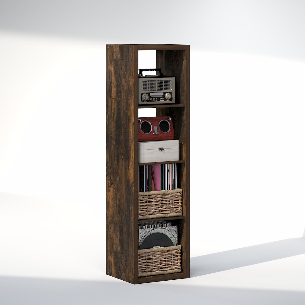 Open Back Decorative Verticle Vintage Media Storage Organizer,4-Cube, Amber Pine. Picture 1