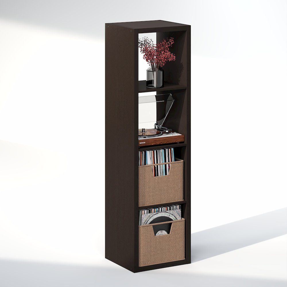 Open Back Decorative Verticle Vintage Media Storage Organizer, 4-Cube, Dark Oak. Picture 1