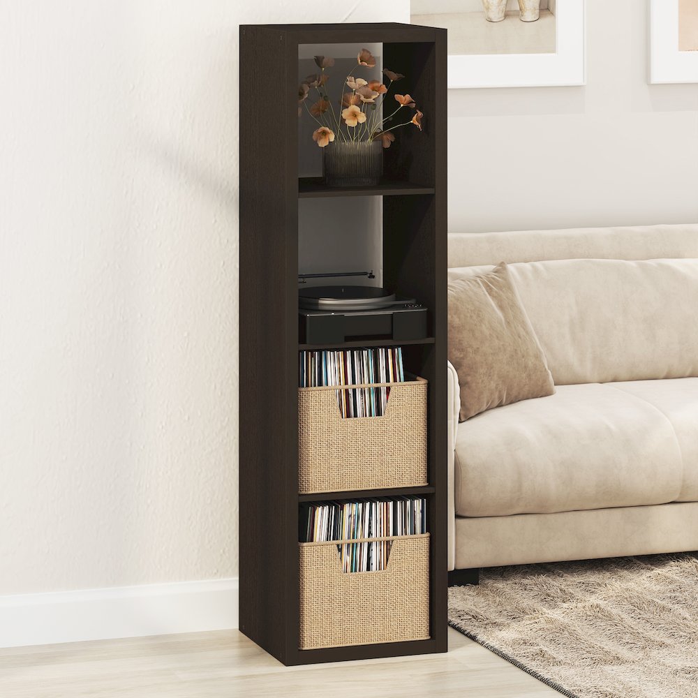 Open Back Decorative Verticle Vintage Media Storage Organizer, 4-Cube, Dark Oak. Picture 2
