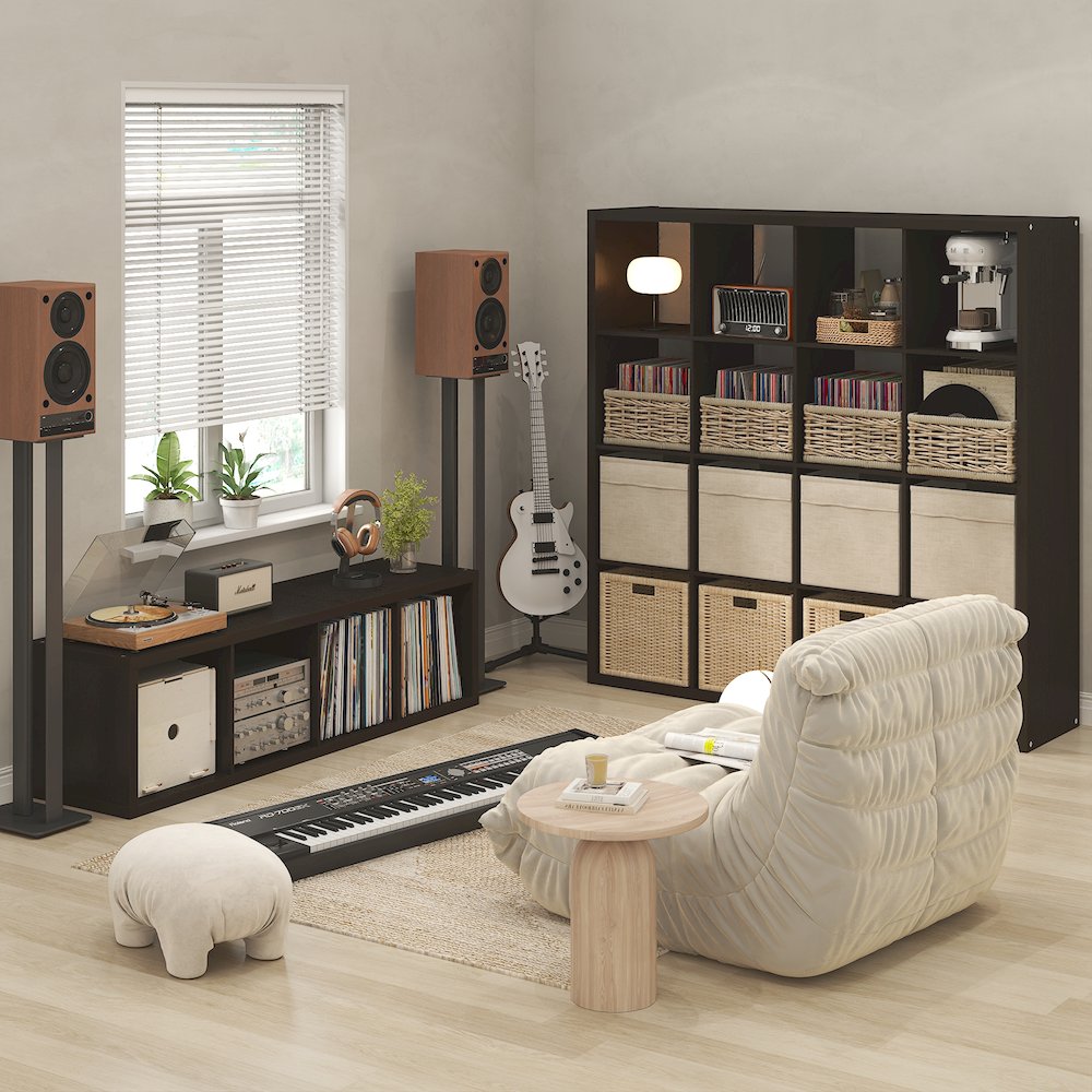 Open Back Decorative Verticle Vintage Media Storage Organizer, 4-Cube, Dark Oak. Picture 3