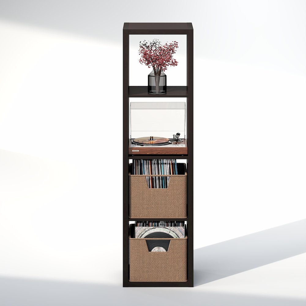 Open Back Decorative Verticle Vintage Media Storage Organizer, 4-Cube, Dark Oak. Picture 5