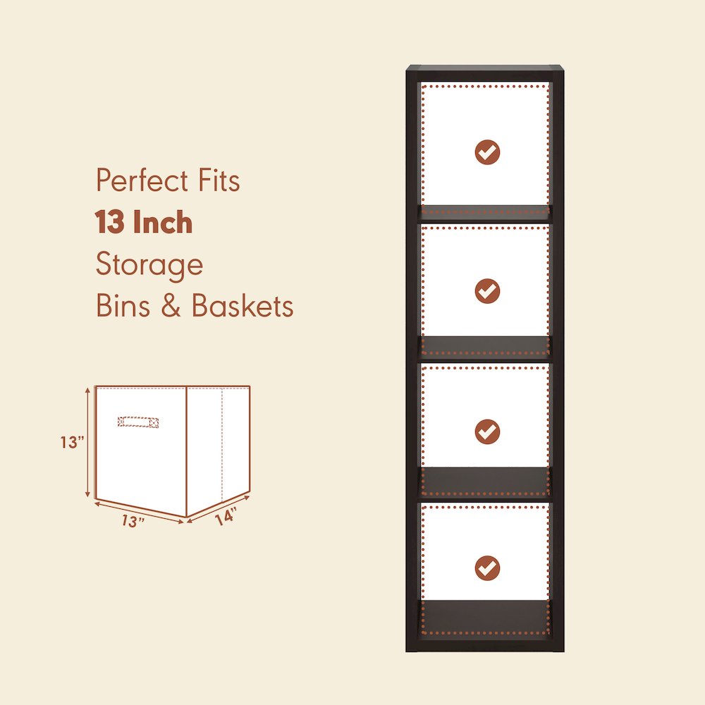 Open Back Decorative Verticle Vintage Media Storage Organizer, 4-Cube, Dark Oak. Picture 7