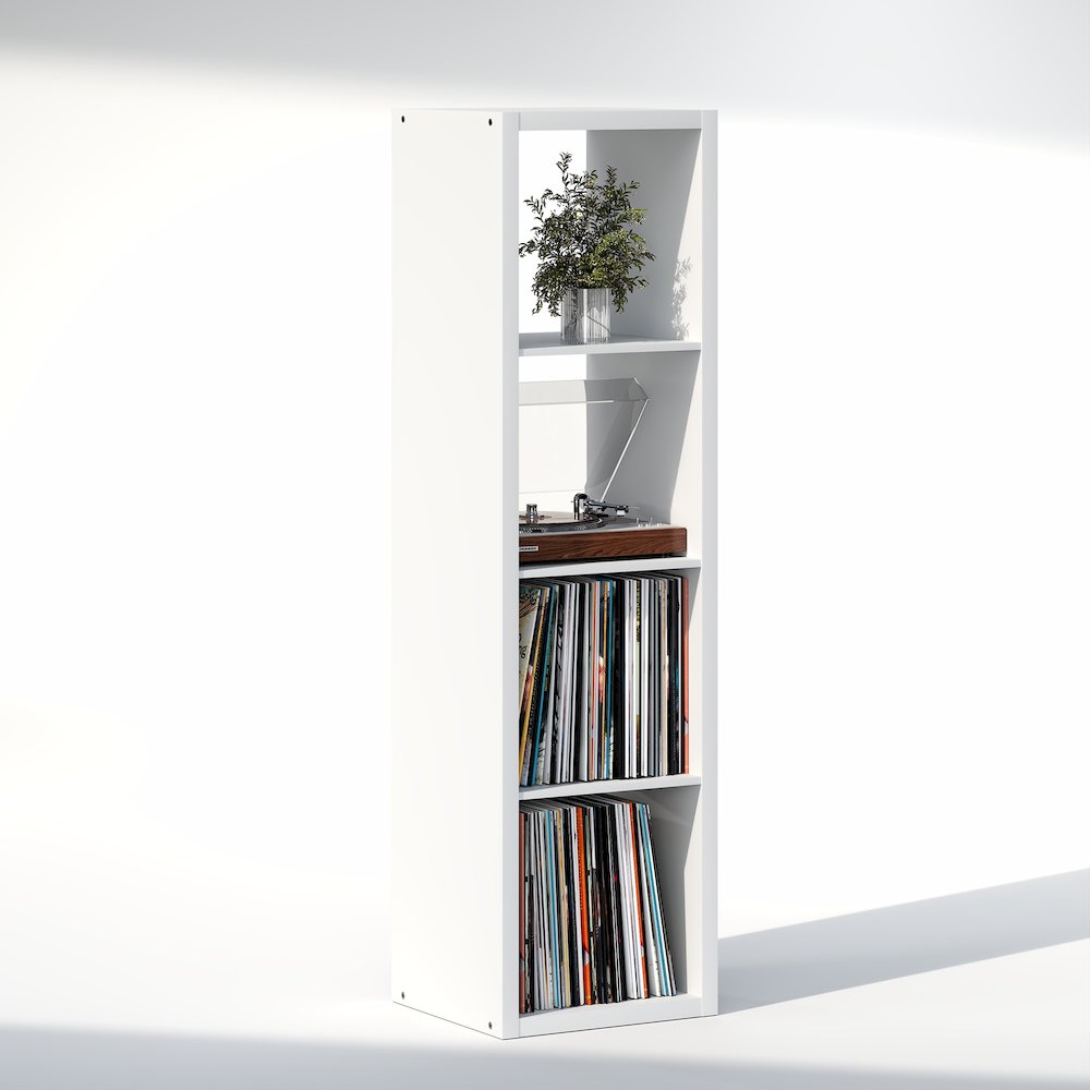 Open Back Decorative Verticle Vintage Media Storage Organizer, 4-Cube, White. Picture 1