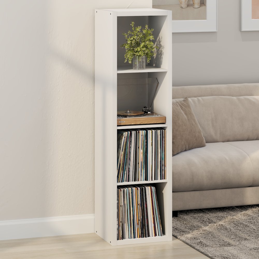 Open Back Decorative Verticle Vintage Media Storage Organizer, 4-Cube, White. Picture 2