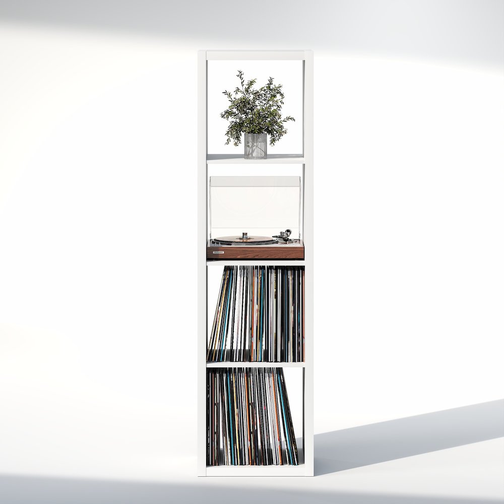 Open Back Decorative Verticle Vintage Media Storage Organizer, 4-Cube, White. Picture 5