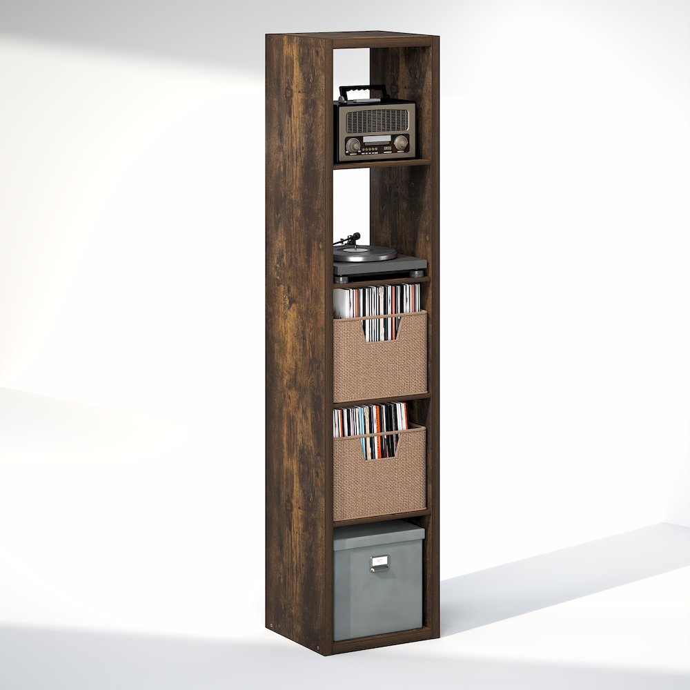 Open Back Decorative Verticle Vintage Media Storage Organizer,5-Cube, Amber Pine. Picture 1