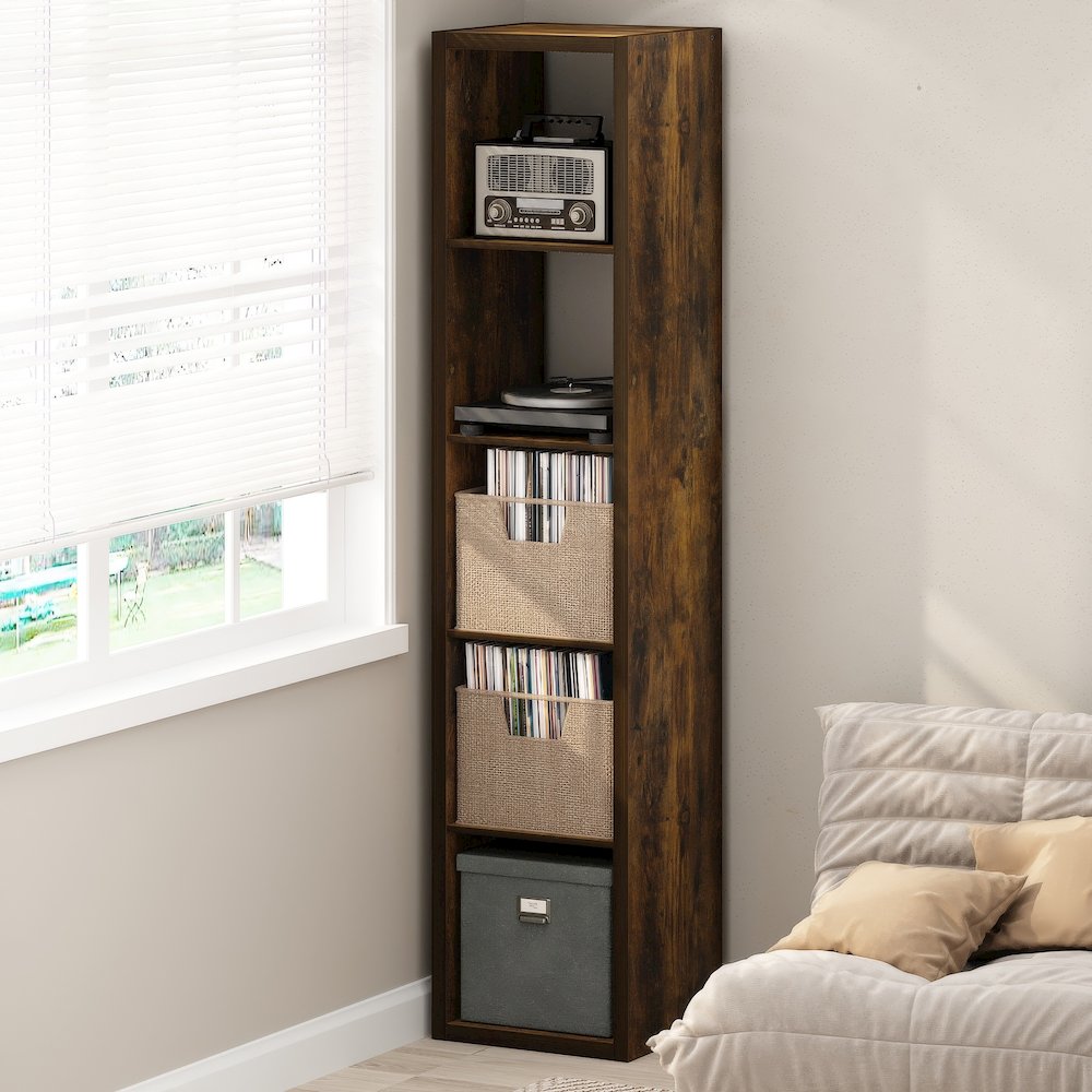 Open Back Decorative Verticle Vintage Media Storage Organizer,5-Cube, Amber Pine. Picture 2