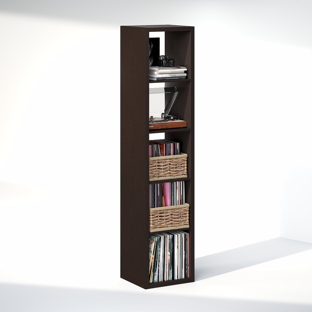 Open Back Decorative Verticle Vintage Media Storage Organizer, 5-Cube, Dark Oak. Picture 1