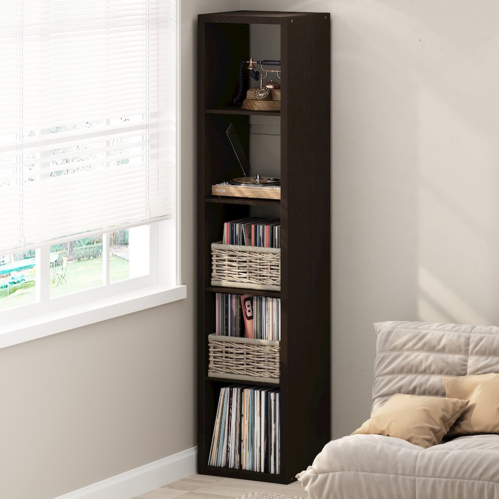 Open Back Decorative Verticle Vintage Media Storage Organizer, 5-Cube, Dark Oak. Picture 2