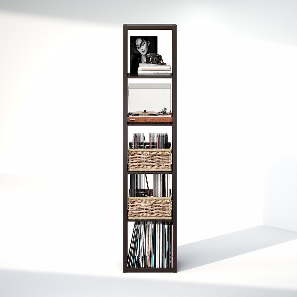 Open Back Decorative Verticle Vintage Media Storage Organizer, 5-Cube, Dark Oak. Picture 5