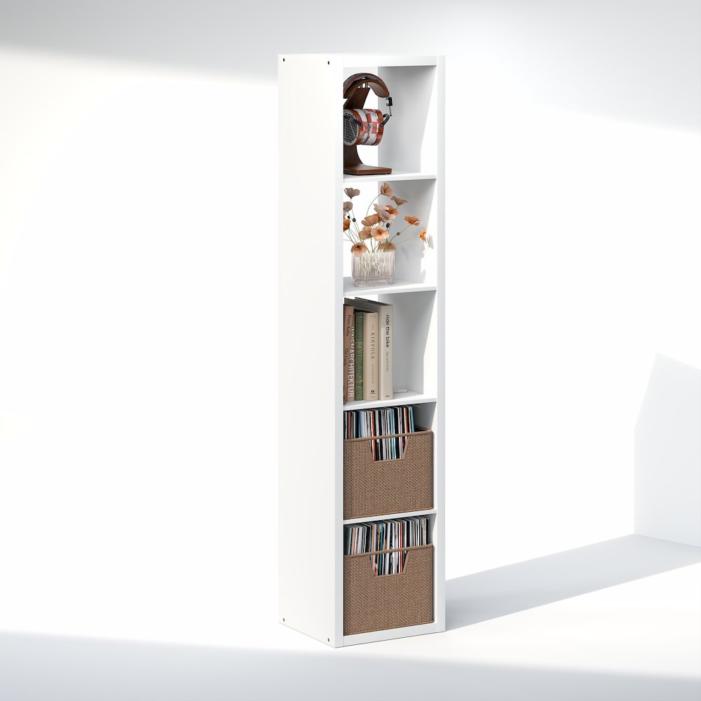 Open Back Decorative Verticle Vintage Media Storage Organizer, 5-Cube, White. Picture 1
