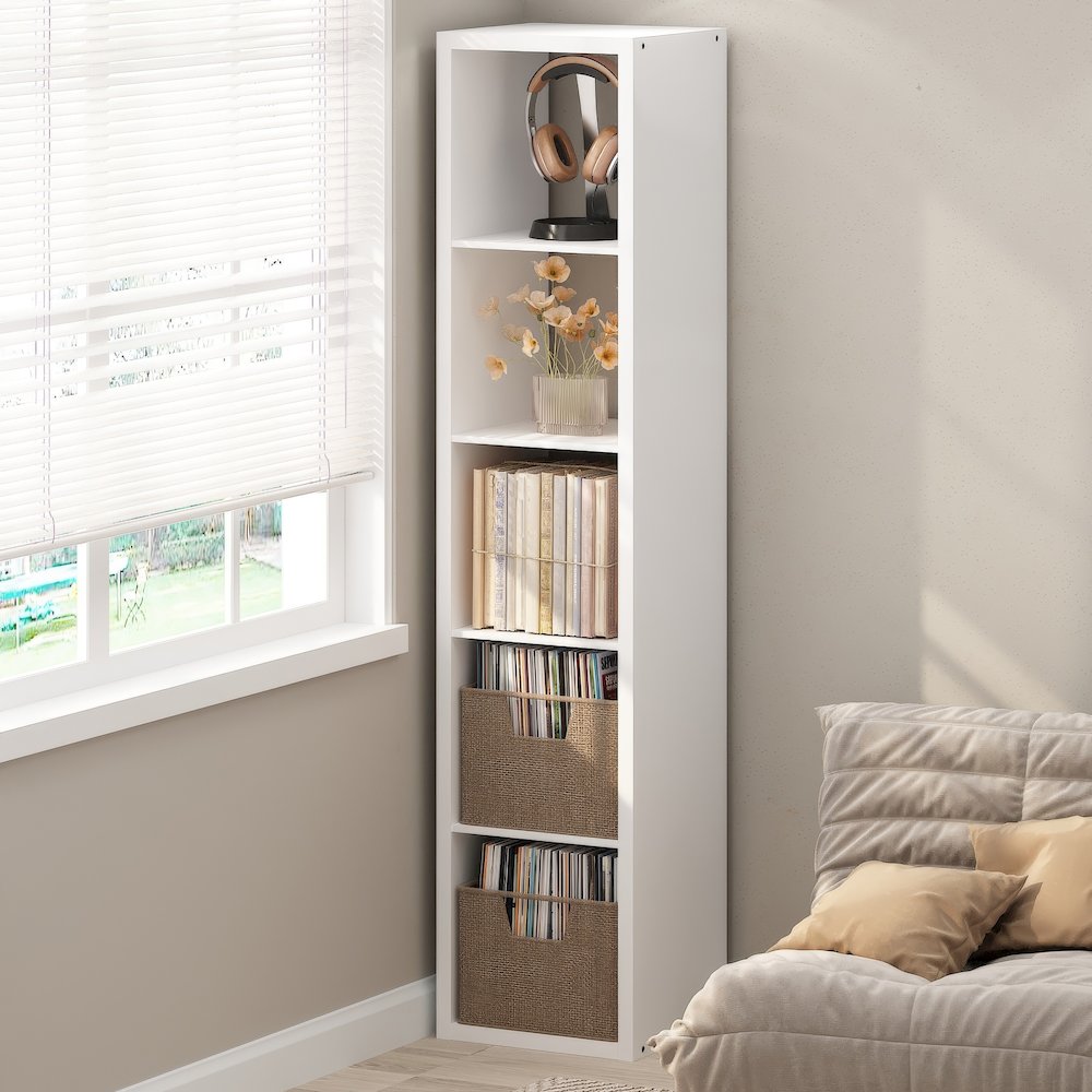 Open Back Decorative Verticle Vintage Media Storage Organizer, 5-Cube, White. Picture 2
