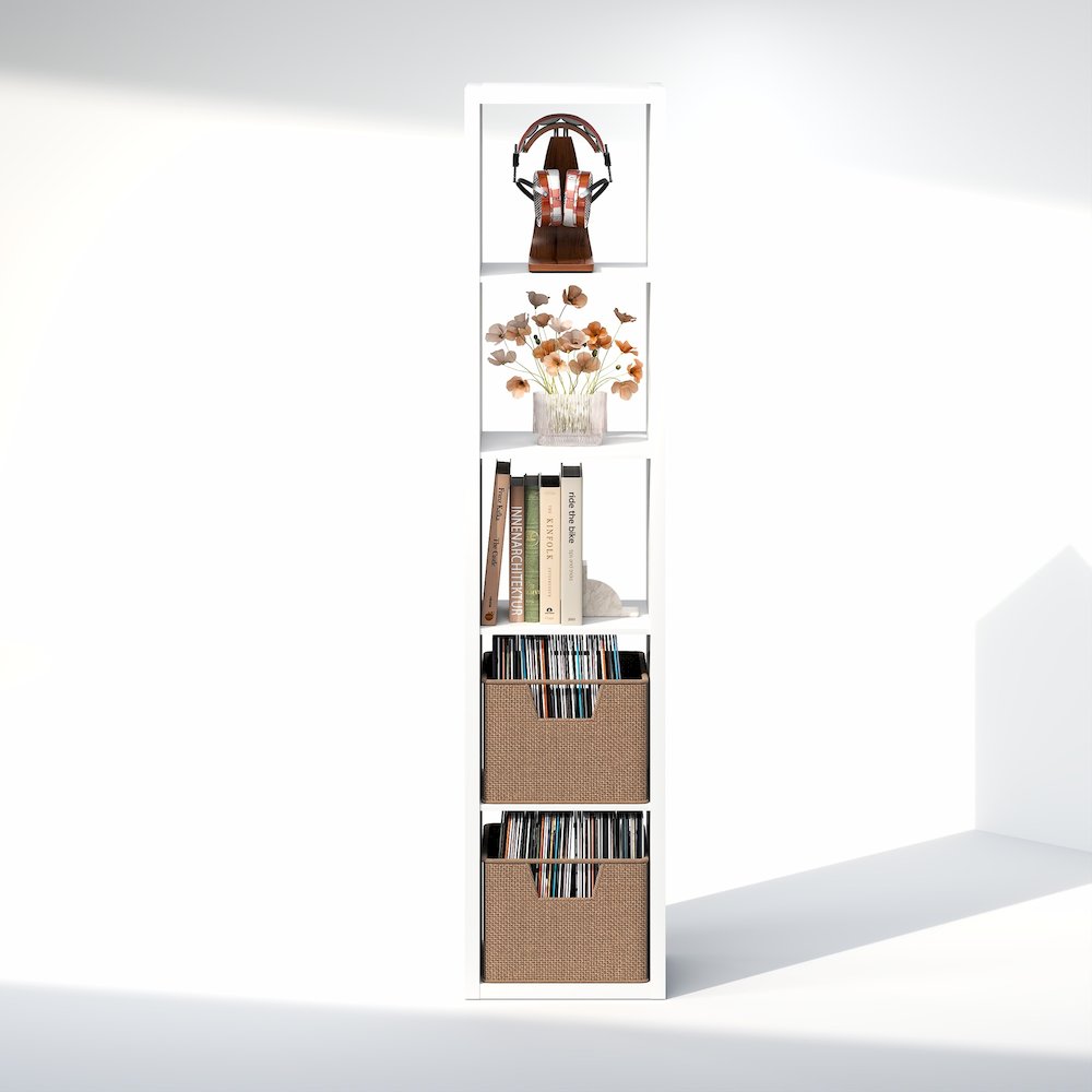 Open Back Decorative Verticle Vintage Media Storage Organizer, 5-Cube, White. Picture 5