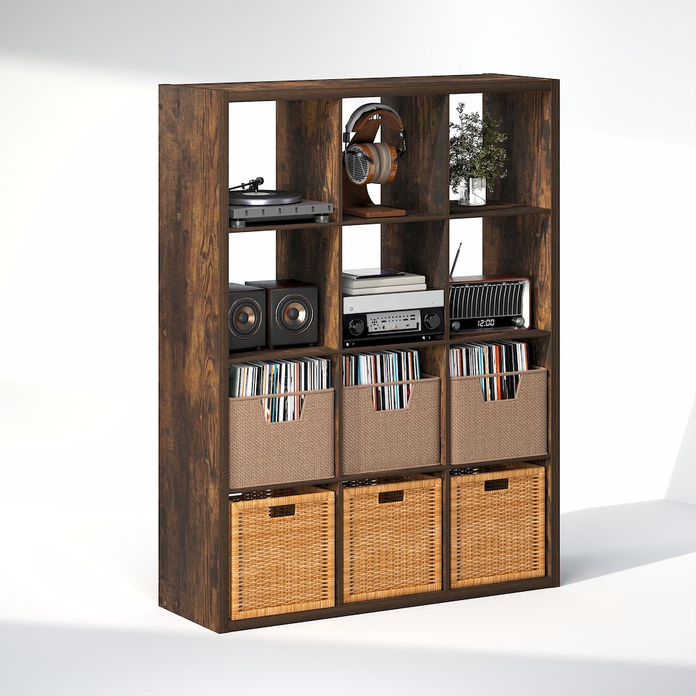 Open Back Decorative Vintage Media Storage Organizer, 12-Cube, Amber Pine. Picture 1