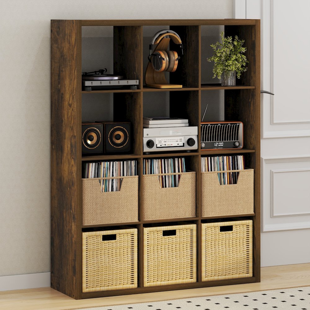 Open Back Decorative Vintage Media Storage Organizer, 12-Cube, Amber Pine. Picture 2