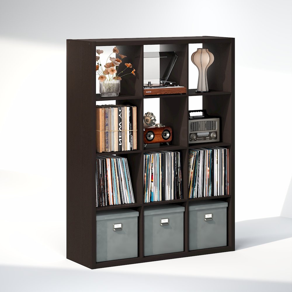Open Back Decorative Vintage Media Storage Organizer, 12-Cube, Dark Oak. Picture 1