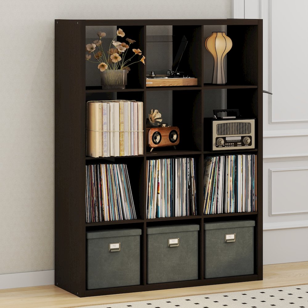 Open Back Decorative Vintage Media Storage Organizer, 12-Cube, Dark Oak. Picture 2
