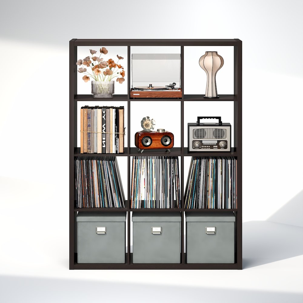 Open Back Decorative Vintage Media Storage Organizer, 12-Cube, Dark Oak. Picture 5