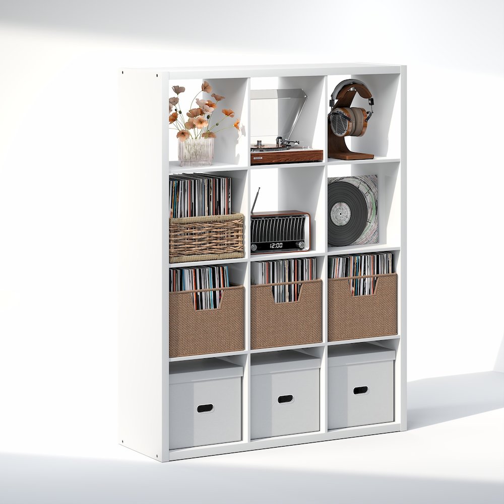 Open Back Decorative Vintage Media Storage Organizer, 12-Cube, White. Picture 1