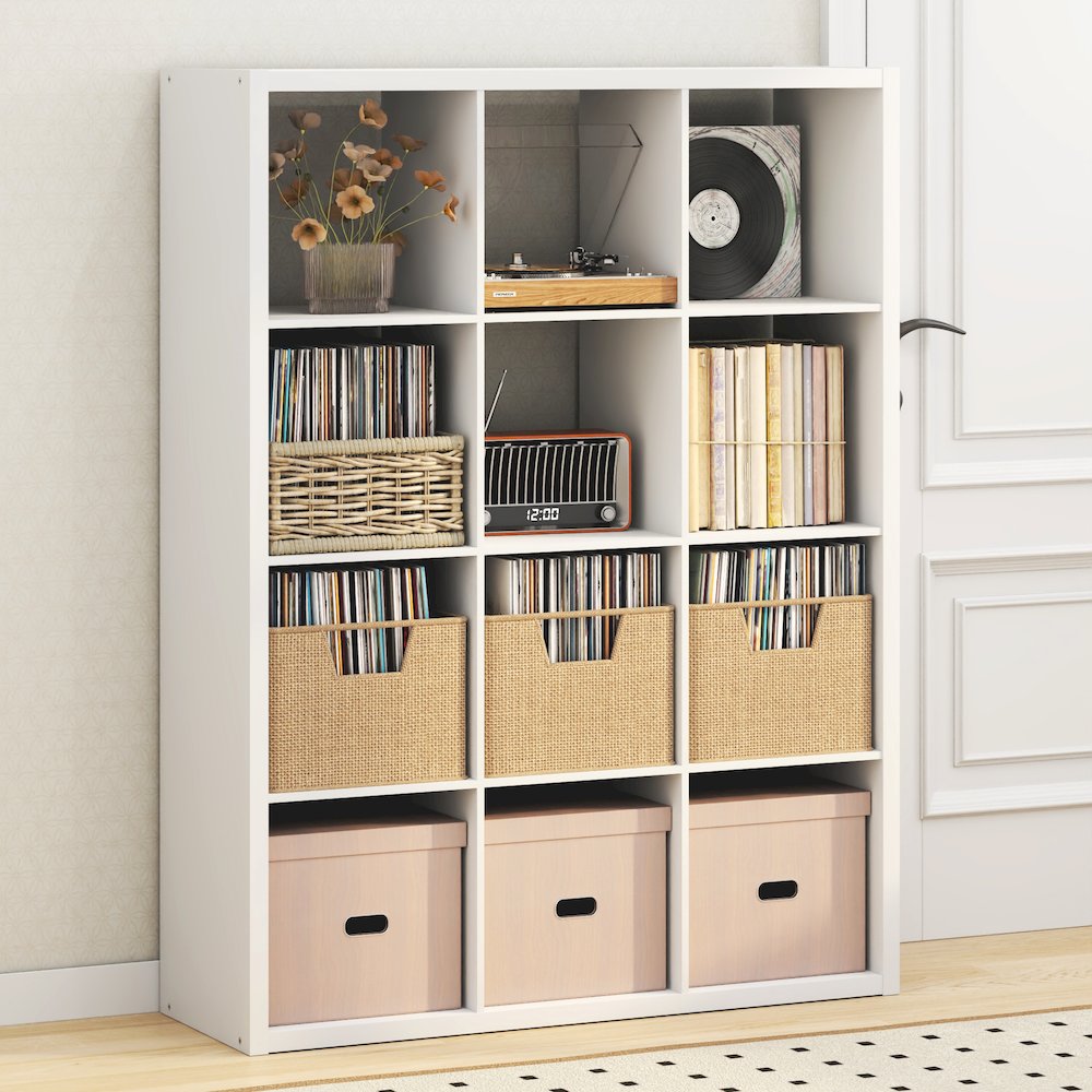 Open Back Decorative Vintage Media Storage Organizer, 12-Cube, White. Picture 2