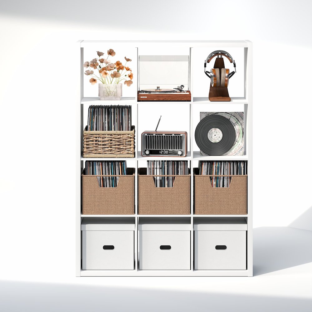 Open Back Decorative Vintage Media Storage Organizer, 12-Cube, White. Picture 4
