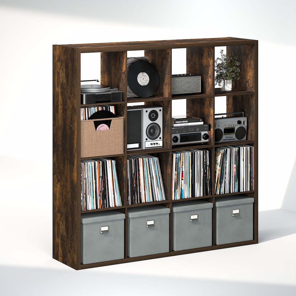 Open Back Decorative Vintage Media Storage Organizer, 16-Cube, Amber Pine. Picture 1