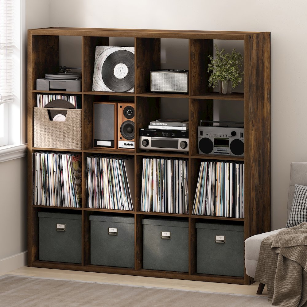 Open Back Decorative Vintage Media Storage Organizer, 16-Cube, Amber Pine. Picture 2