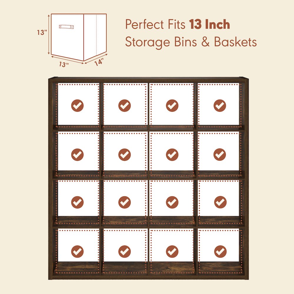 Open Back Decorative Vintage Media Storage Organizer, 16-Cube, Amber Pine. Picture 7