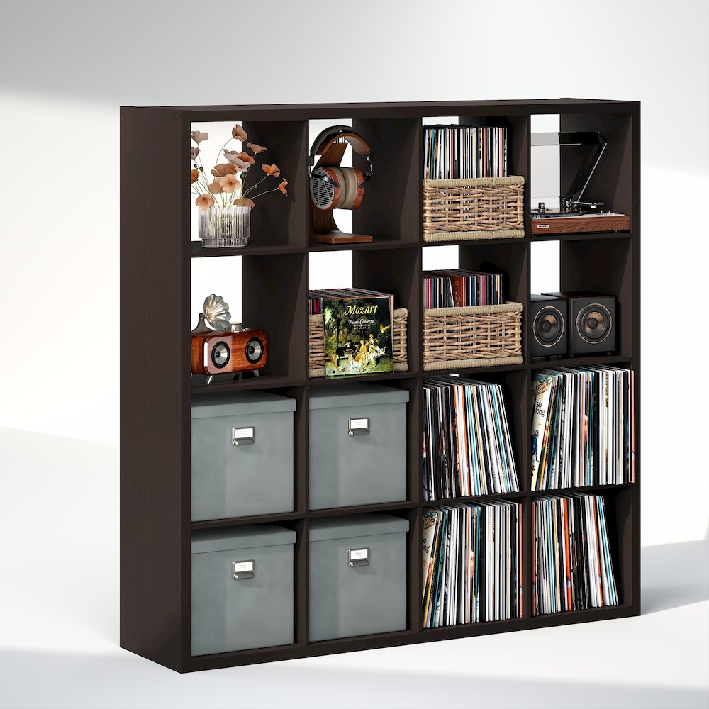 Open Back Decorative Vintage Media Storage Organizer, 16-Cube, Dark Oak. Picture 1