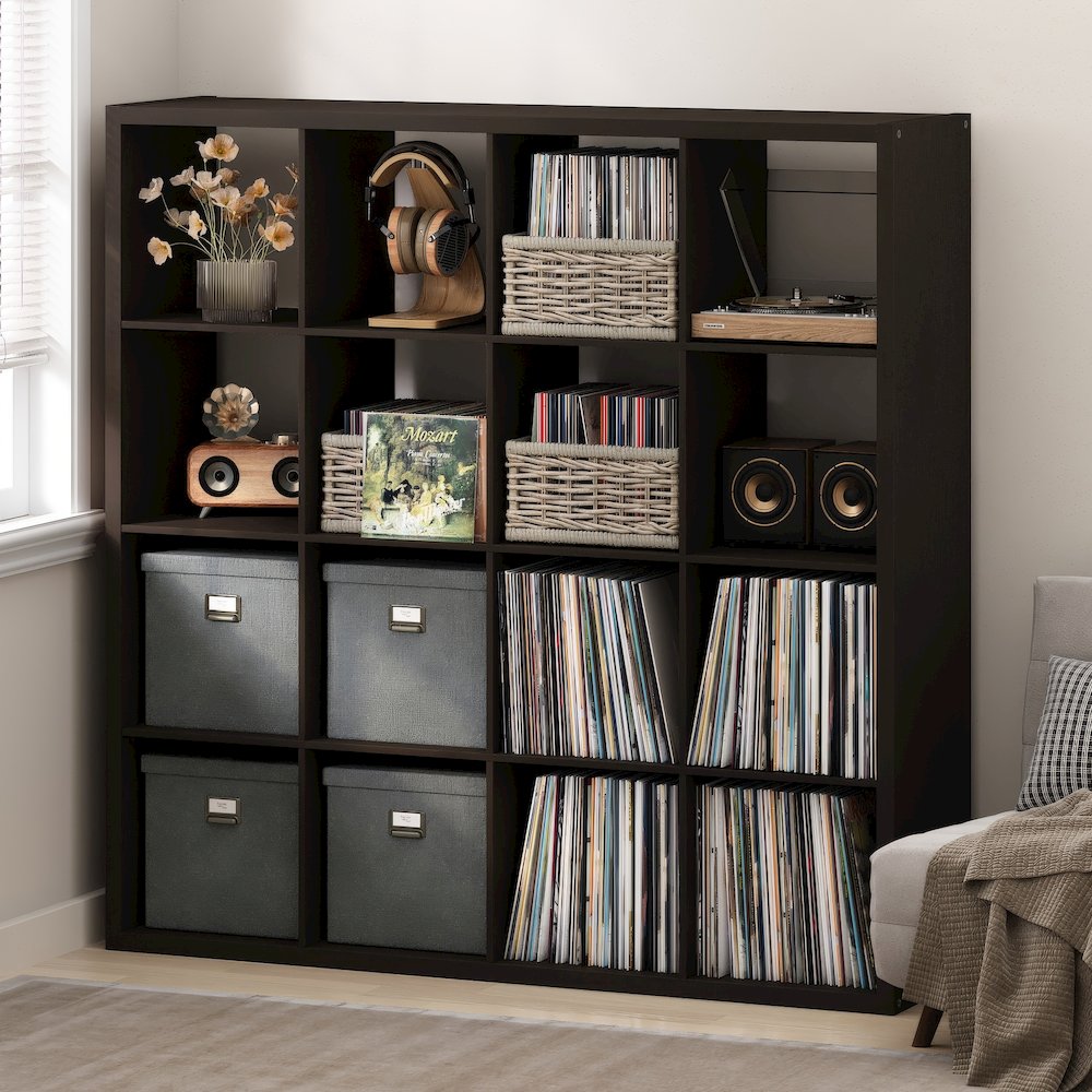 Open Back Decorative Vintage Media Storage Organizer, 16-Cube, Dark Oak. Picture 2