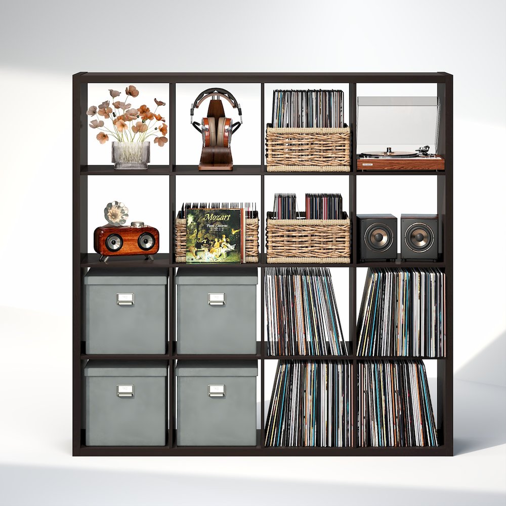 Open Back Decorative Vintage Media Storage Organizer, 16-Cube, Dark Oak. Picture 5