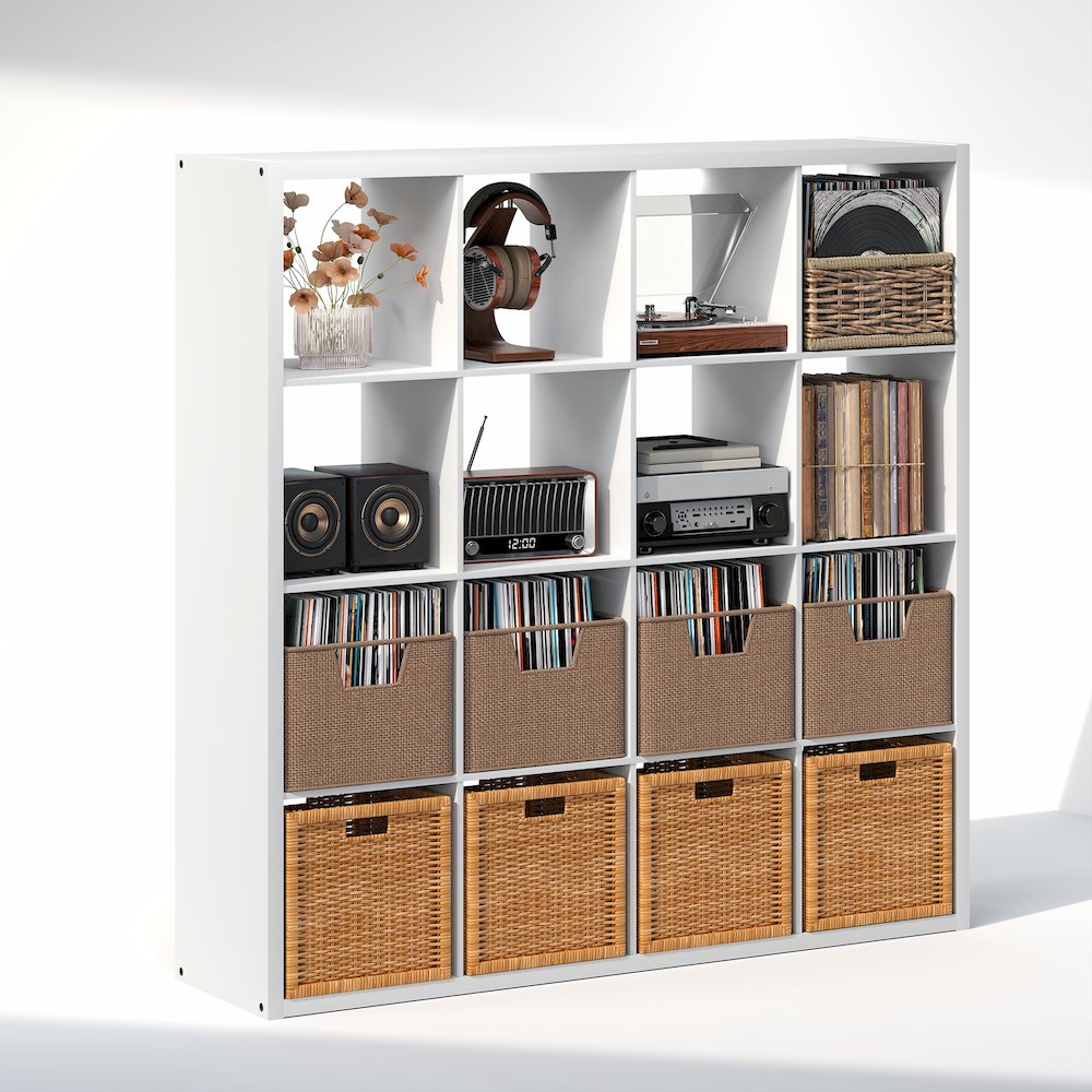 Open Back Decorative Vintage Media Storage Organizer, 16-Cube, White. Picture 1
