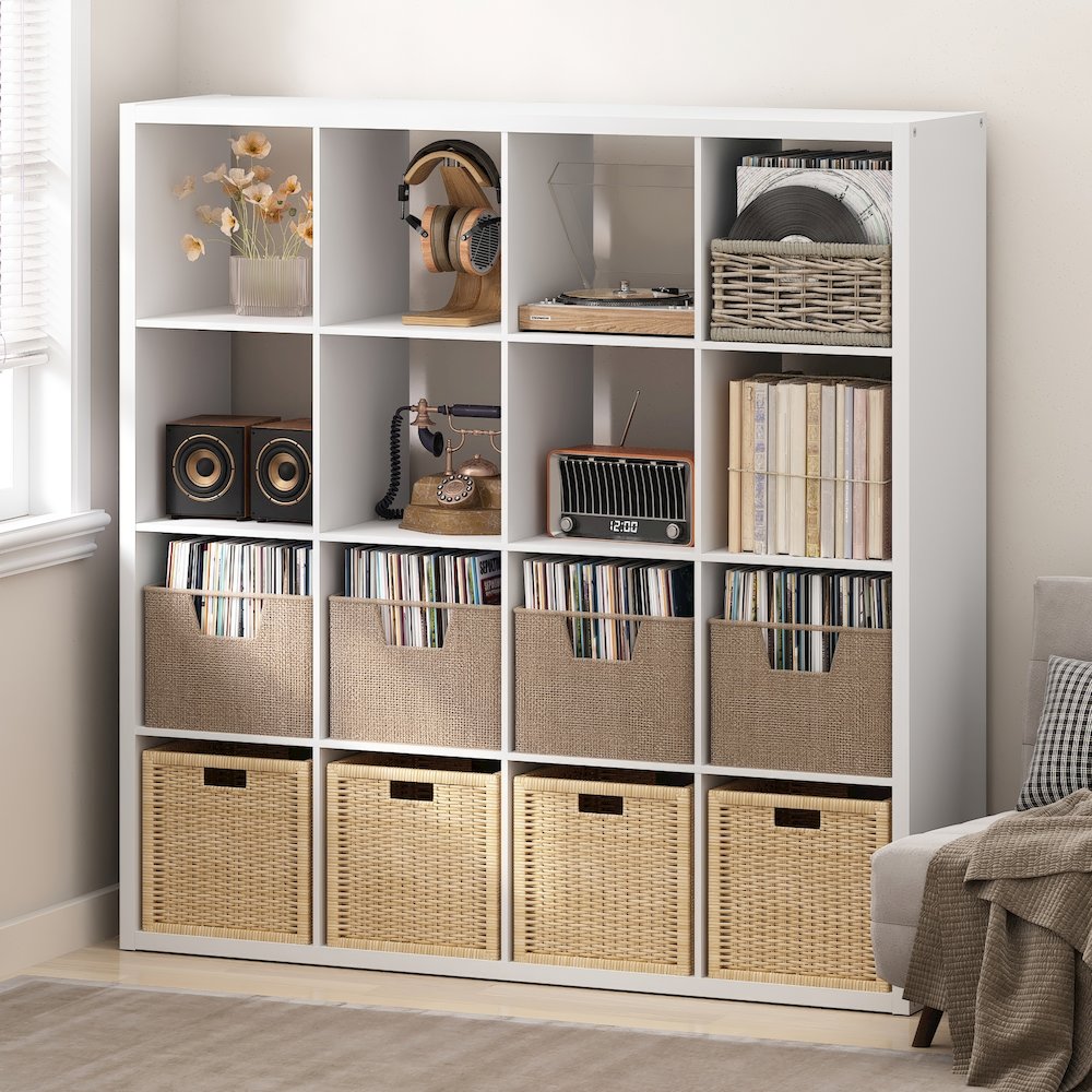 Open Back Decorative Vintage Media Storage Organizer, 16-Cube, White. Picture 2