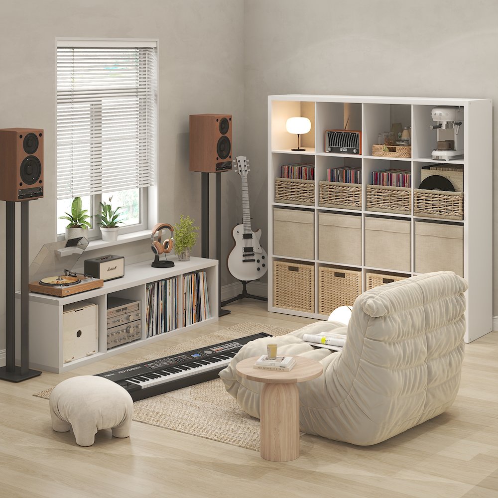 Open Back Decorative Vintage Media Storage Organizer, 16-Cube, White. Picture 3