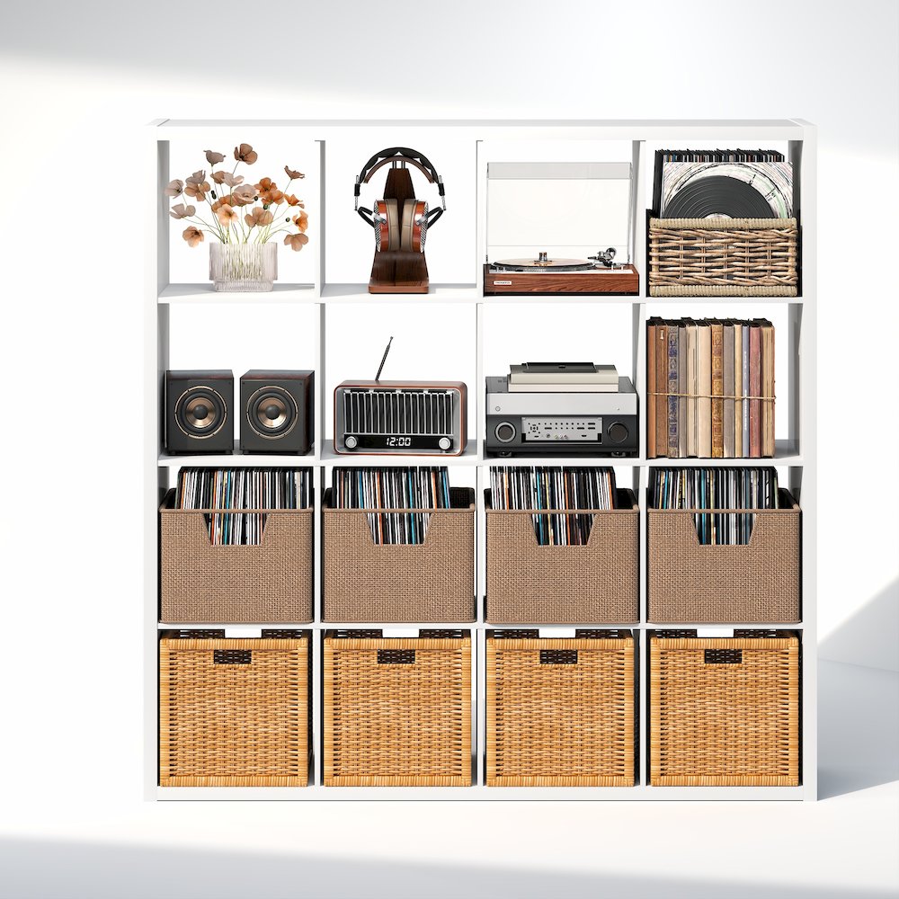 Open Back Decorative Vintage Media Storage Organizer, 16-Cube, White. Picture 5