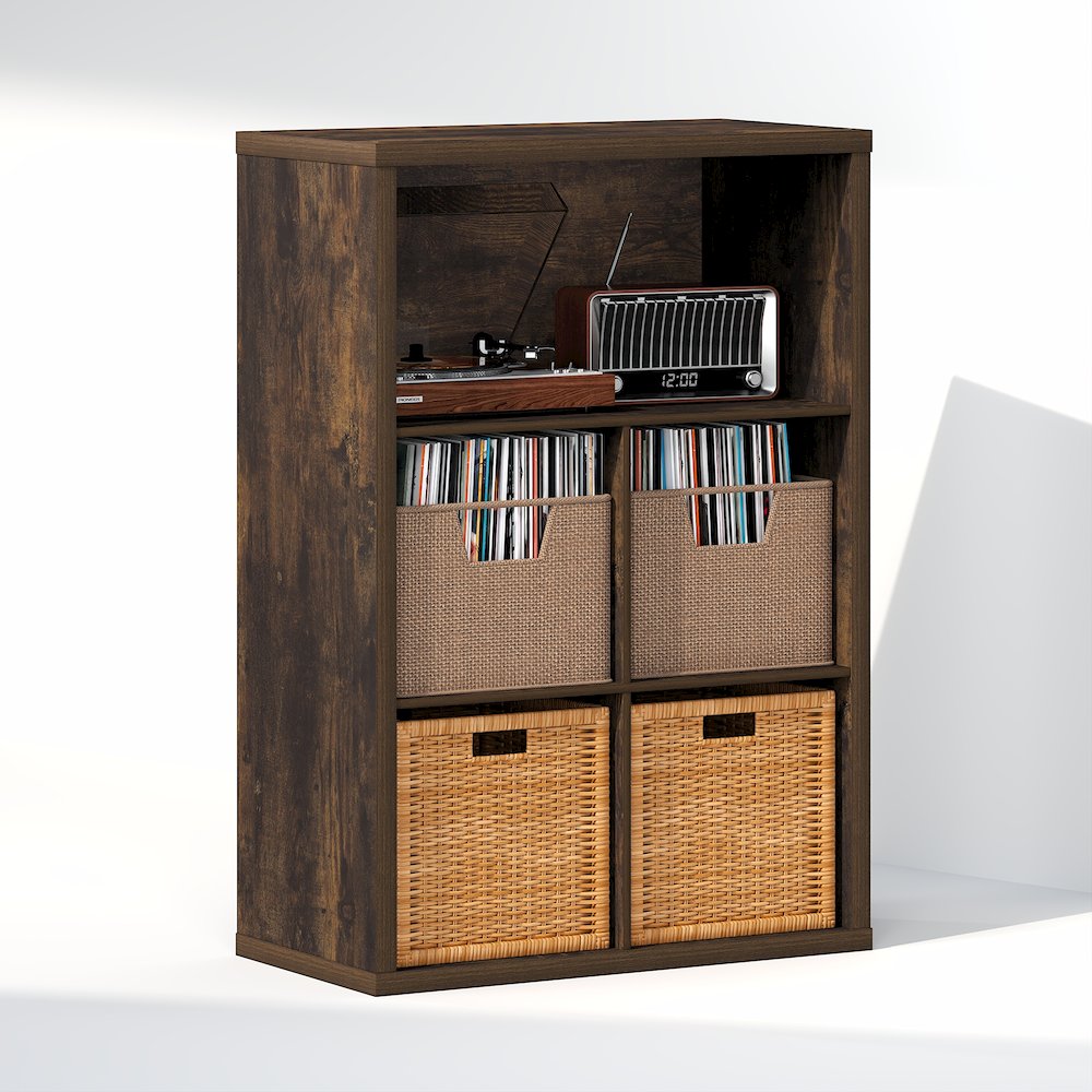 Closed Back Decorative Vintage Media Storage Organizer, 5-Cube, Amber Pine. Picture 1