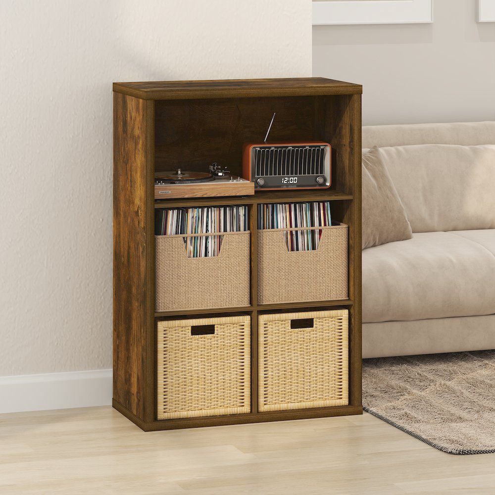 Closed Back Decorative Vintage Media Storage Organizer, 5-Cube, Amber Pine. Picture 2
