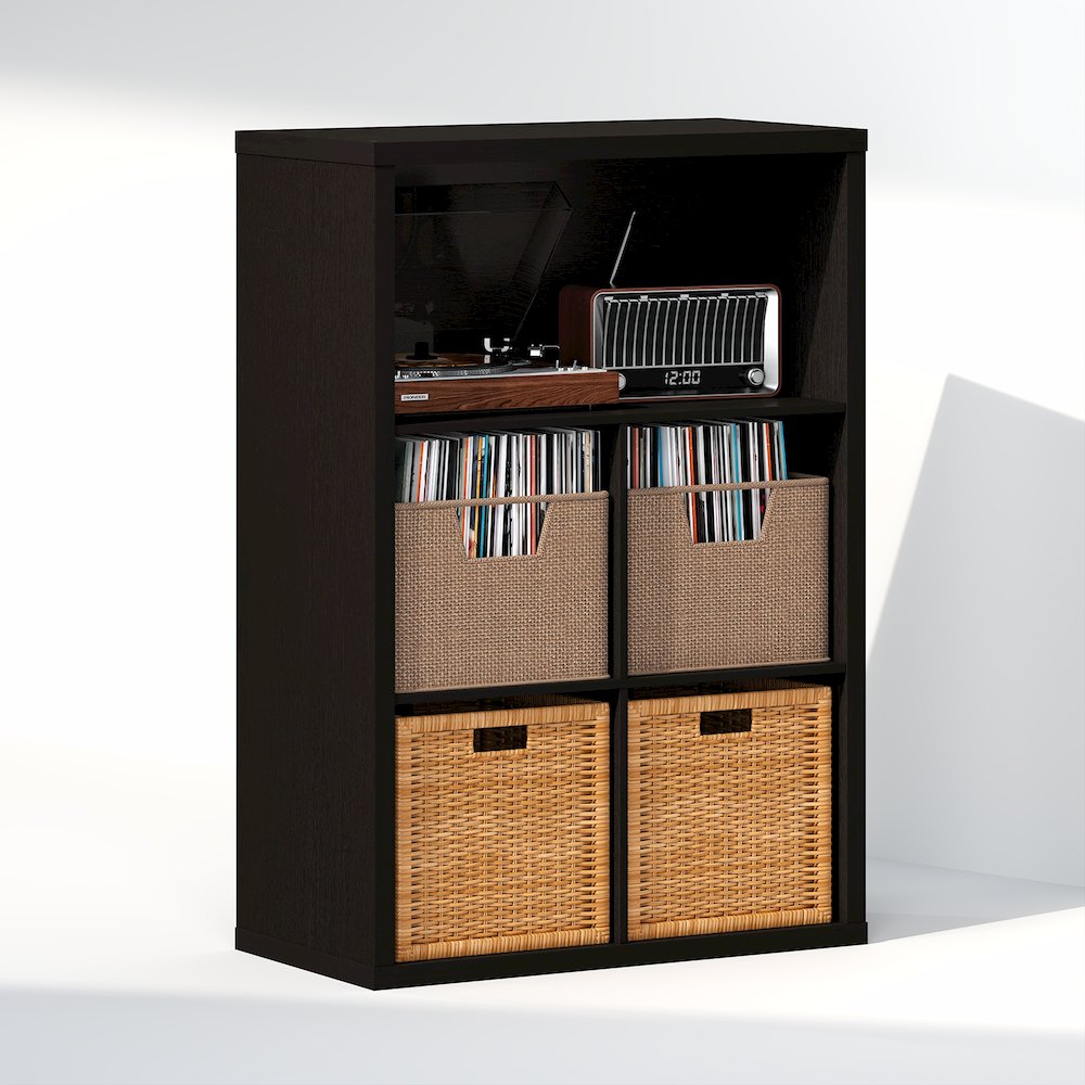 Closed Back Decorative Vintage Media Storage Organizer, 5-Cube, Dark Oak. Picture 1