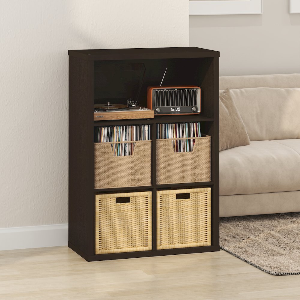 Closed Back Decorative Vintage Media Storage Organizer, 5-Cube, Dark Oak. Picture 2