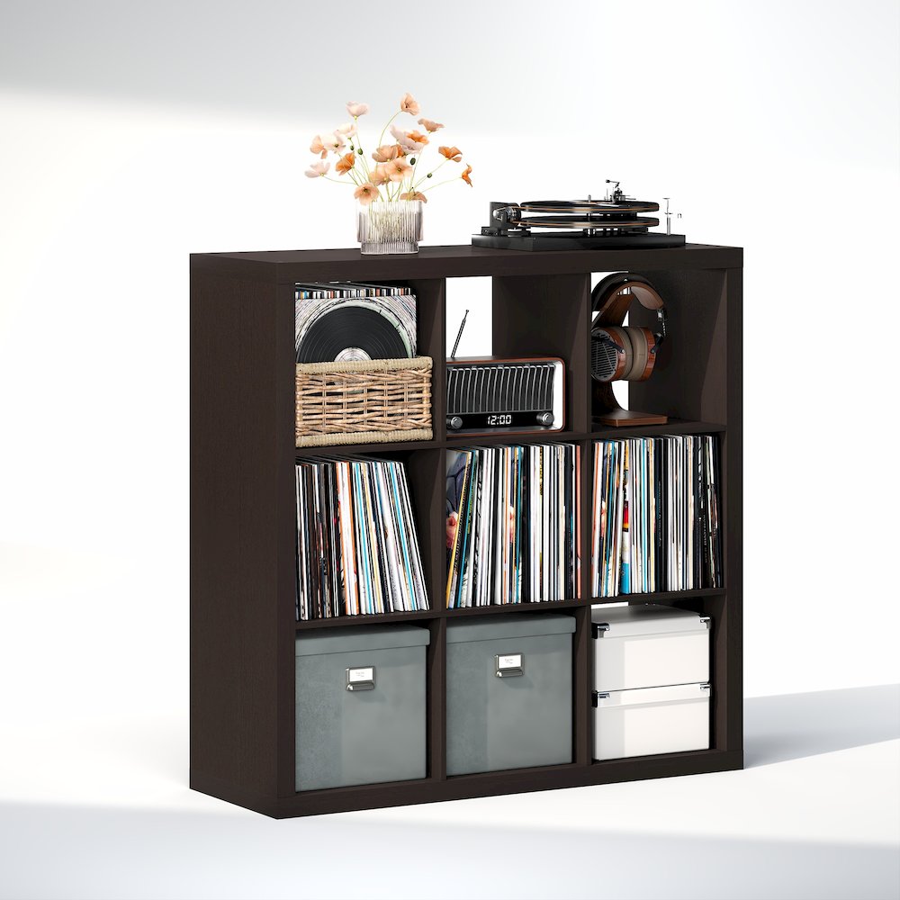 Extra Thick Frame Decorative Vintage Media Storage Organizer, 9-Cube, Dark Oak. Picture 1