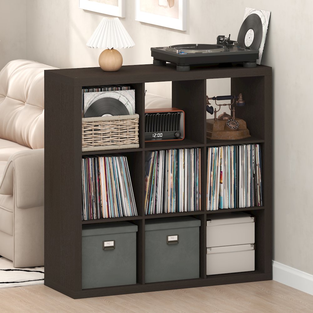Extra Thick Frame Decorative Vintage Media Storage Organizer, 9-Cube, Dark Oak. Picture 2