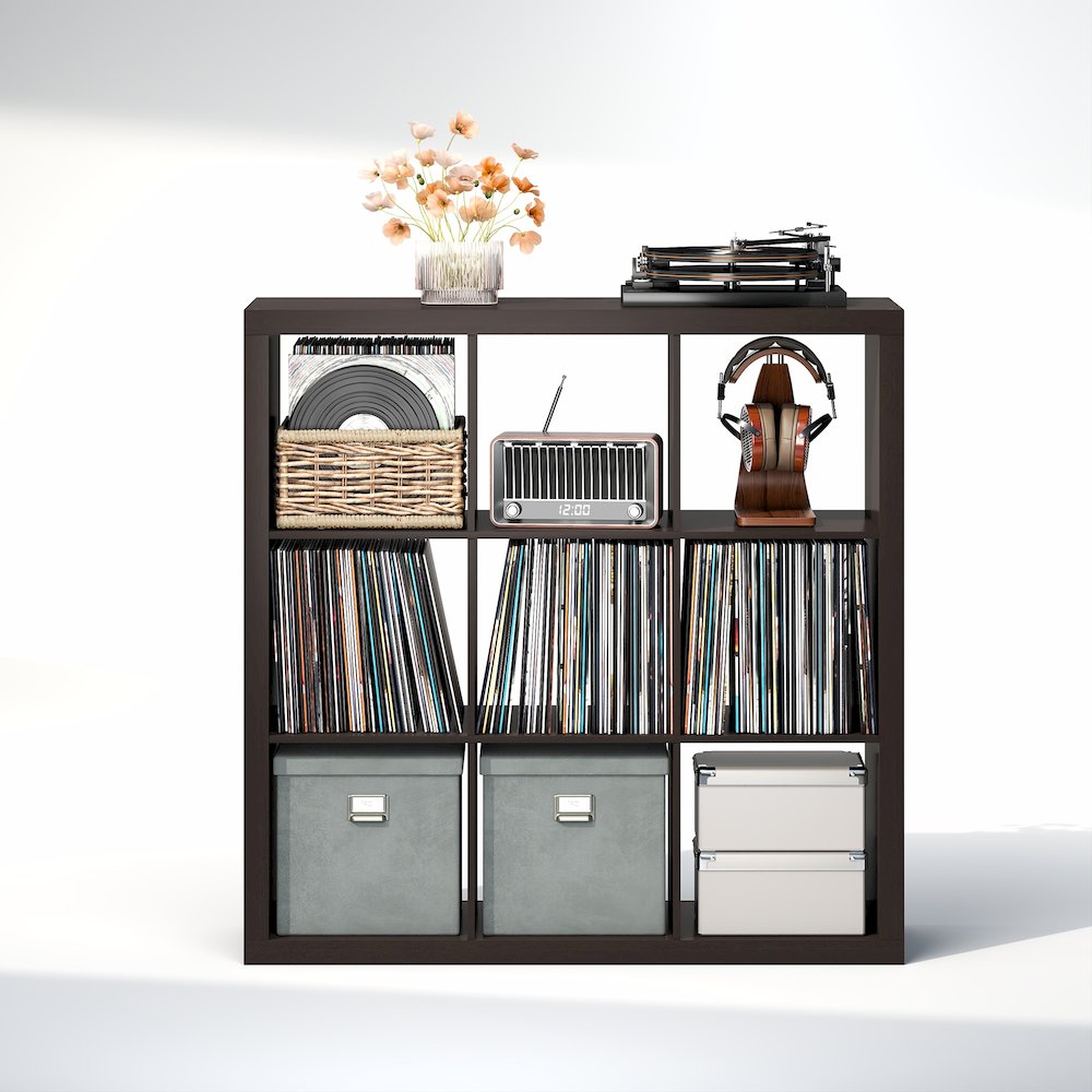 Extra Thick Frame Decorative Vintage Media Storage Organizer, 9-Cube, Dark Oak. Picture 4