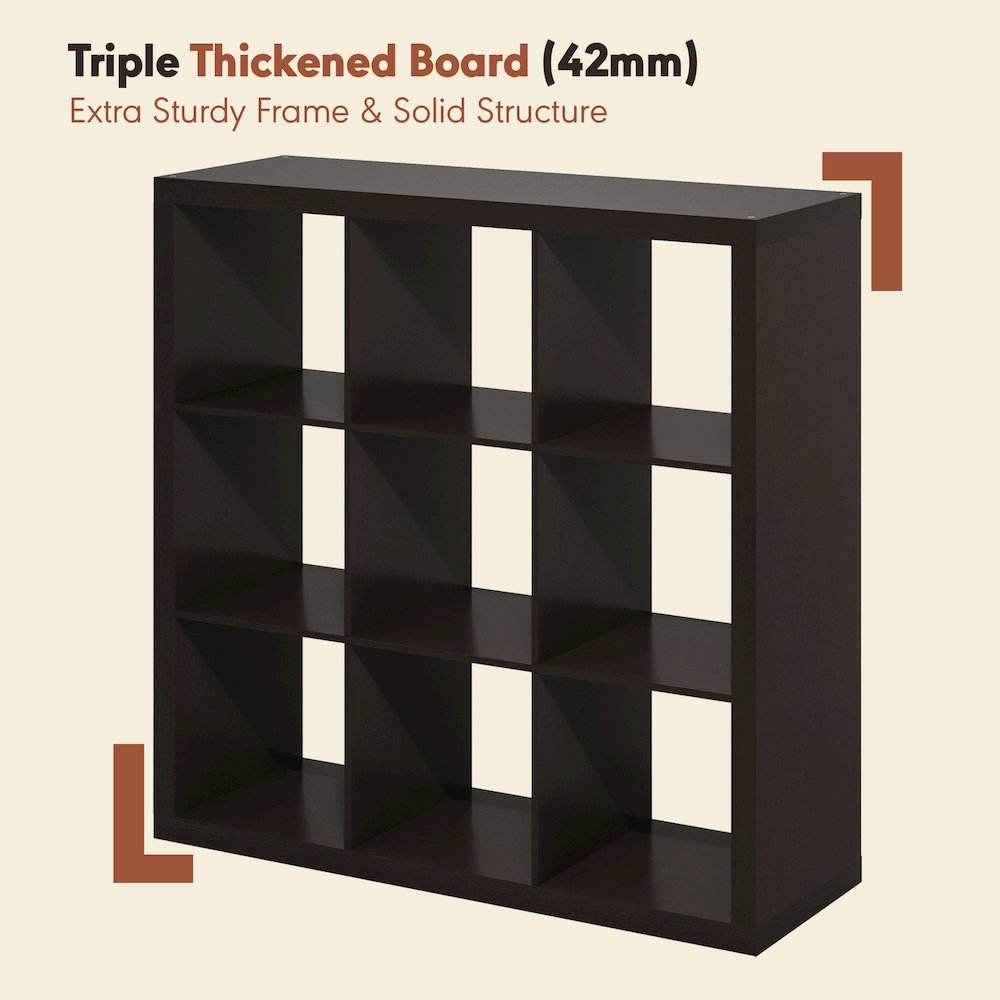 Extra Thick Frame Decorative Vintage Media Storage Organizer, 9-Cube, Dark Oak. Picture 5